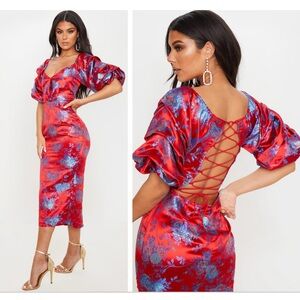 NWT Red Floral Jacquard Lace Up Back Midi Dress
